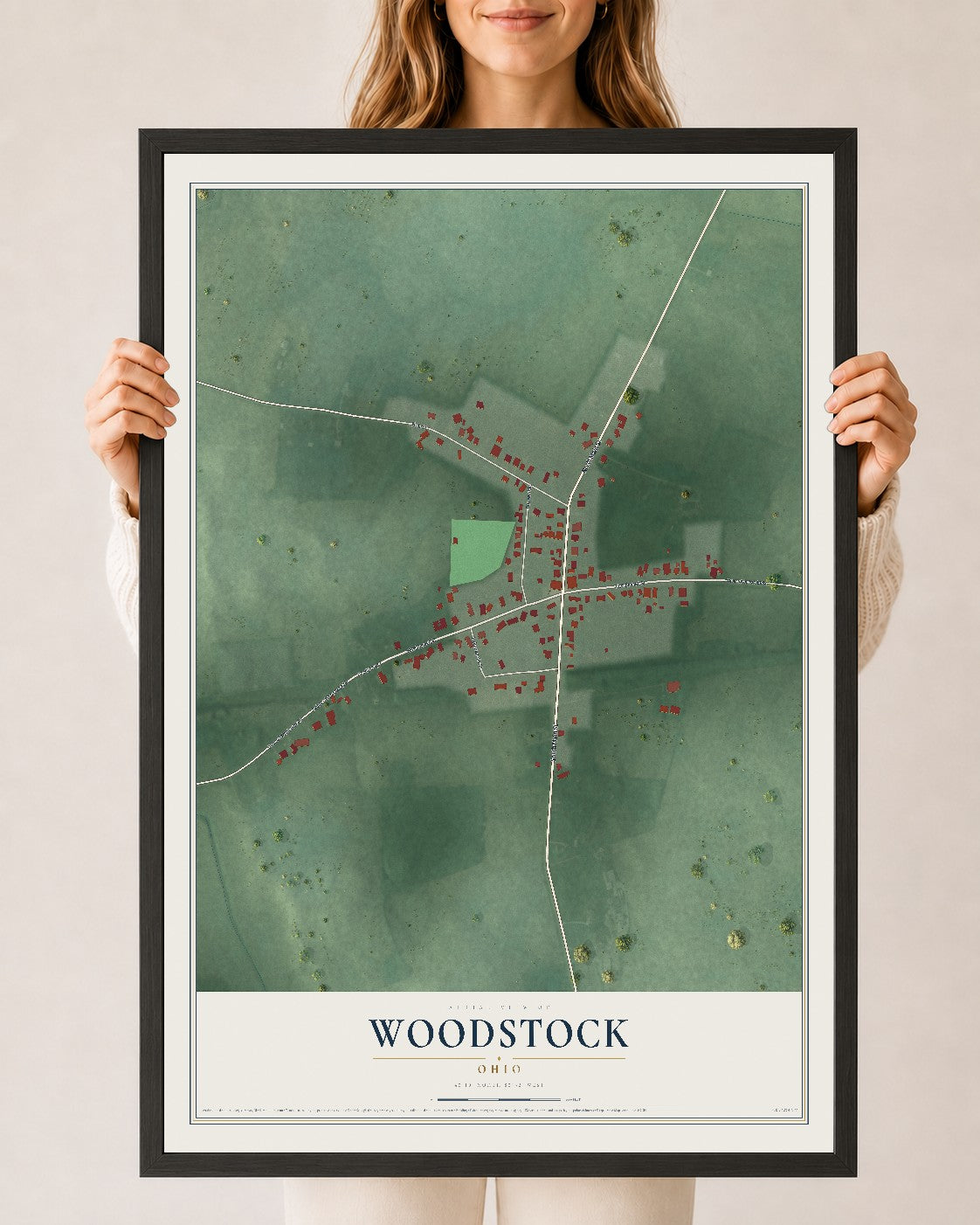 Map of Woodstock, Ohio, 24 x 36 inch print in a black wood frame