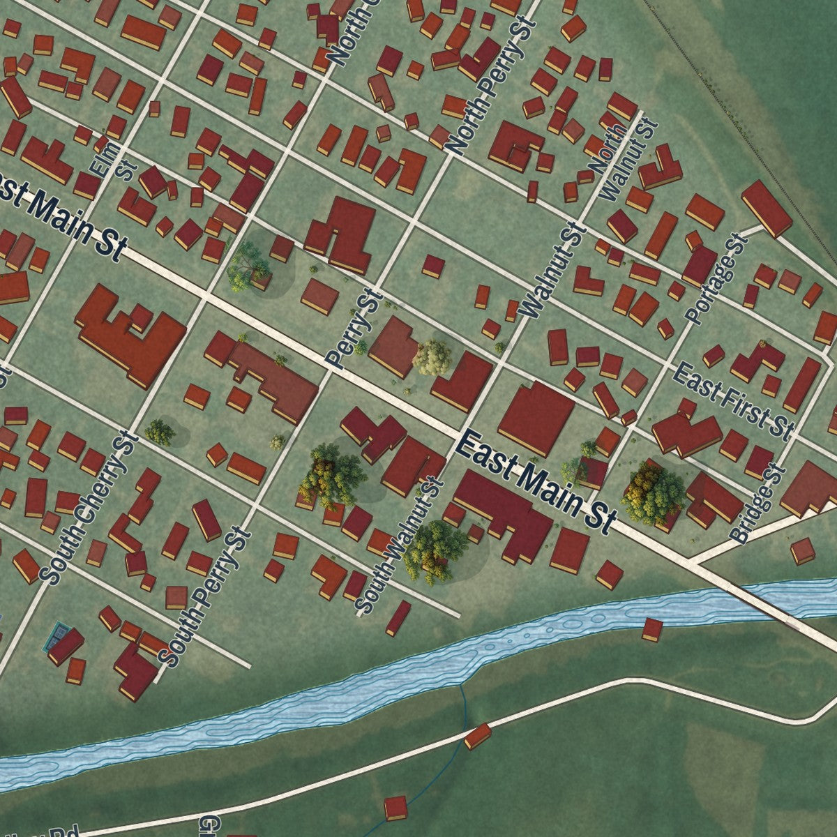 Close-up of the map of Woodville, Ohio print showing street and building detail