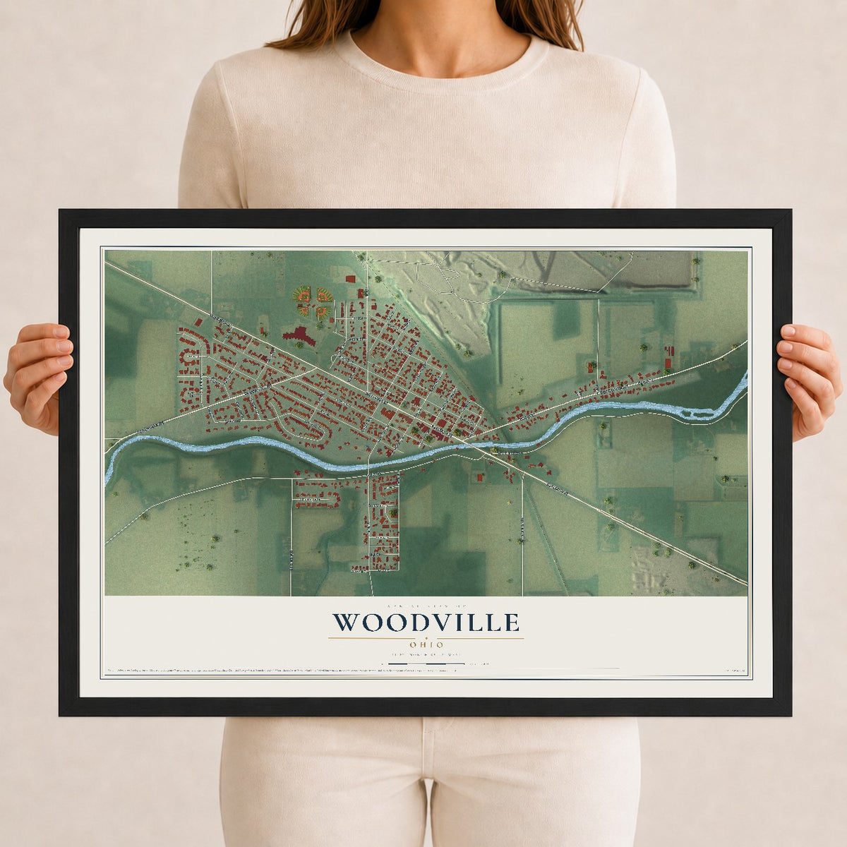 Map of Woodville, Ohio, 12 x 18 inch print in a black wood frame