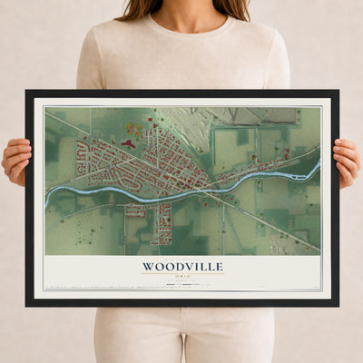 Map of Woodville, Ohio, 12 x 18 inch print in a black wood frame