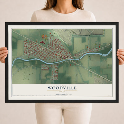 Map of Woodville, Ohio, 18 x 24 inch print in a black wood frame
