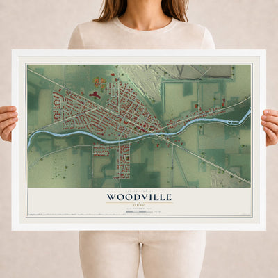 Map of Woodville, Ohio, 18 x 24 inch print in a white wood frame