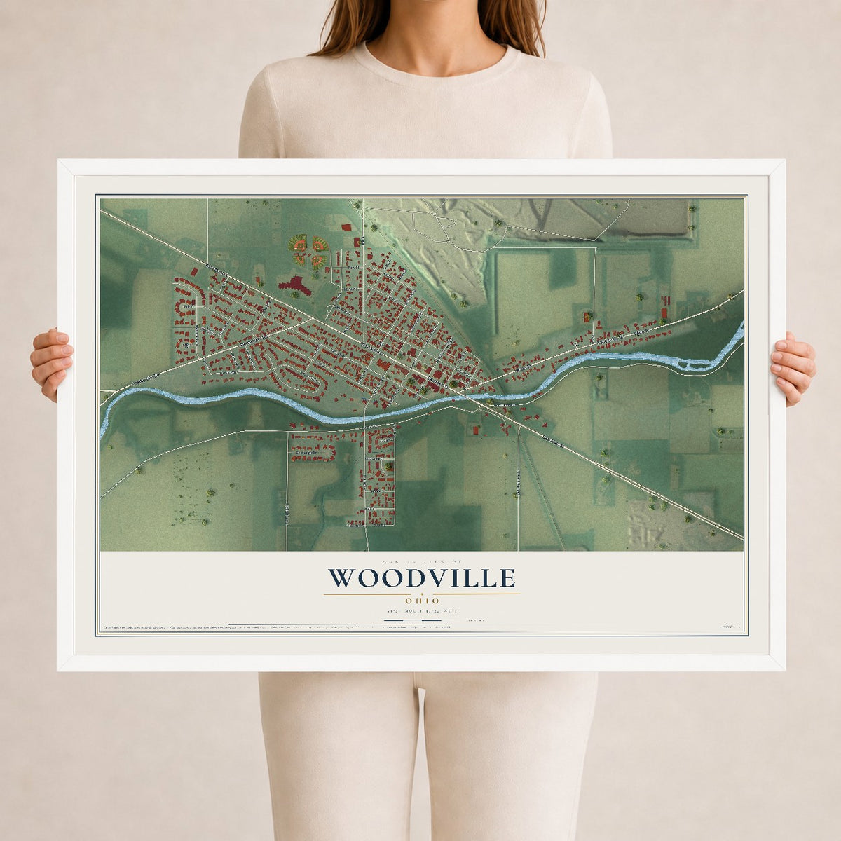 Map of Woodville, Ohio, 24 x 36 inch print in a white wood frame