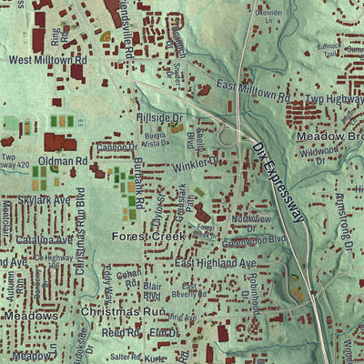 Close-up of the map of Wooster, Ohio print showing street and building detail