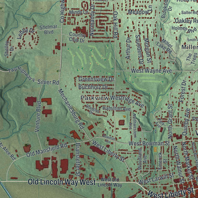 Second close-up of the map of Wooster, Ohio print showing more streets and buildings