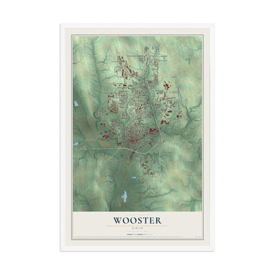 Map of Wooster, Ohio, 12 x 18 inch print in a white wood frame