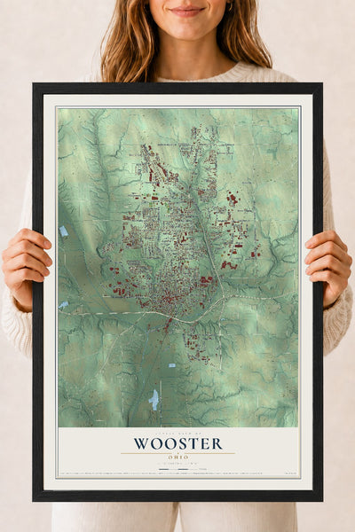 Map of Wooster, Ohio, 18 x 24 inch print in a black wood frame