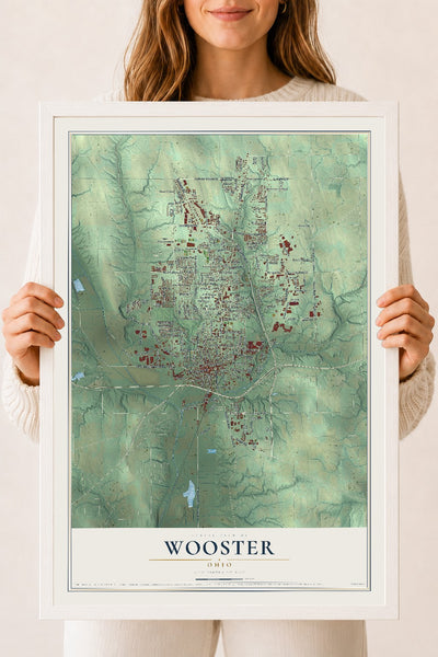 Map of Wooster, Ohio, 18 x 24 inch print in a white wood frame