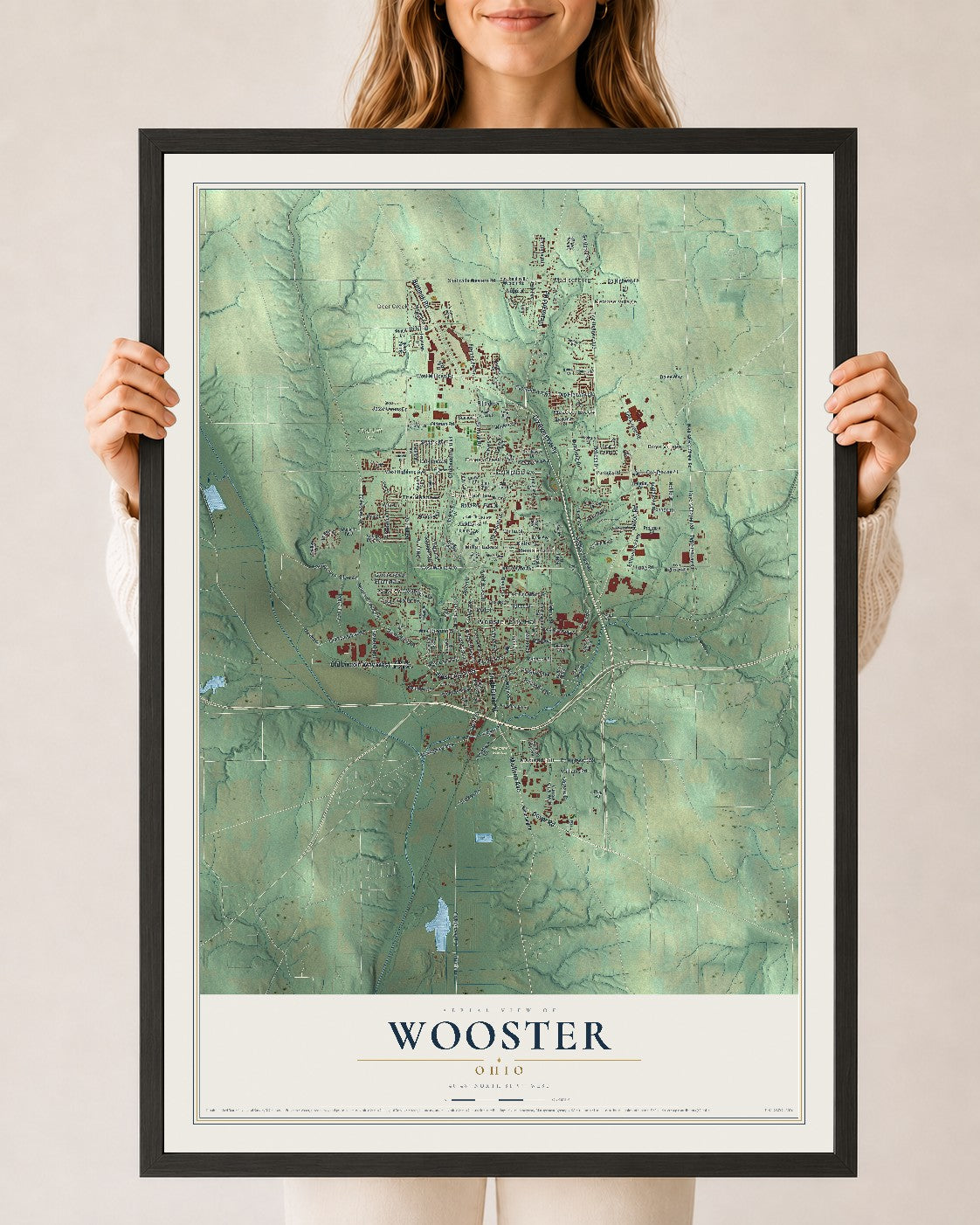 Map of Wooster, Ohio, 24 x 36 inch print in a black wood frame