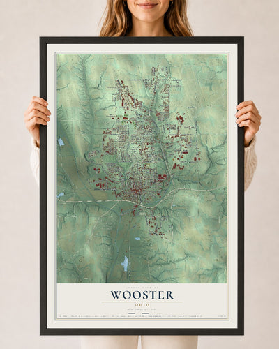 Map of Wooster, Ohio, 24 x 36 inch print in a black wood frame