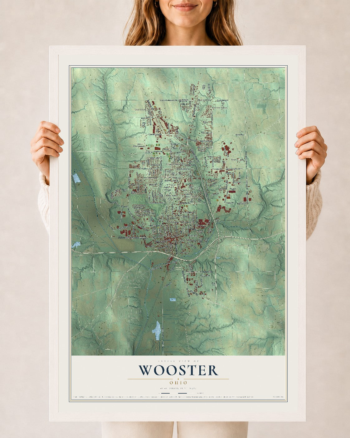 Map of Wooster, Ohio, 24 x 36 inch print in a white wood frame