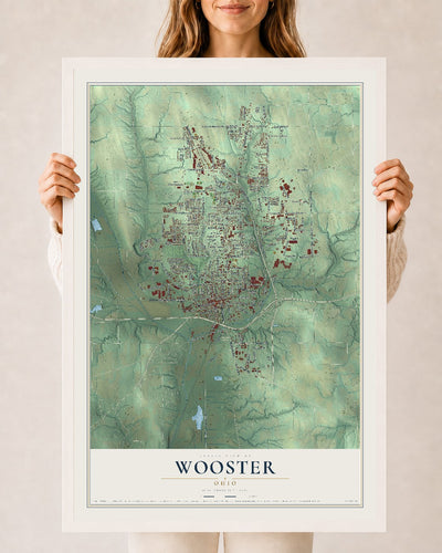 Map of Wooster, Ohio, 24 x 36 inch print in a white wood frame