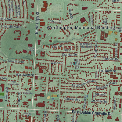 Close-up of the map of Worthington, Ohio print showing street and building detail