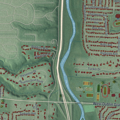 Second close-up of the map of Worthington, Ohio print showing more streets and buildings