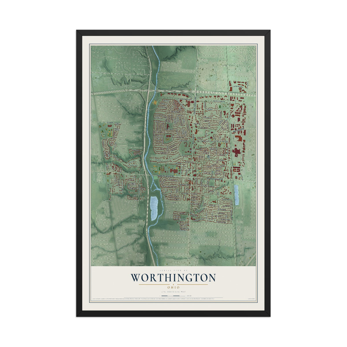 Map of Worthington, Ohio, 12 x 18 inch print in a black wood frame