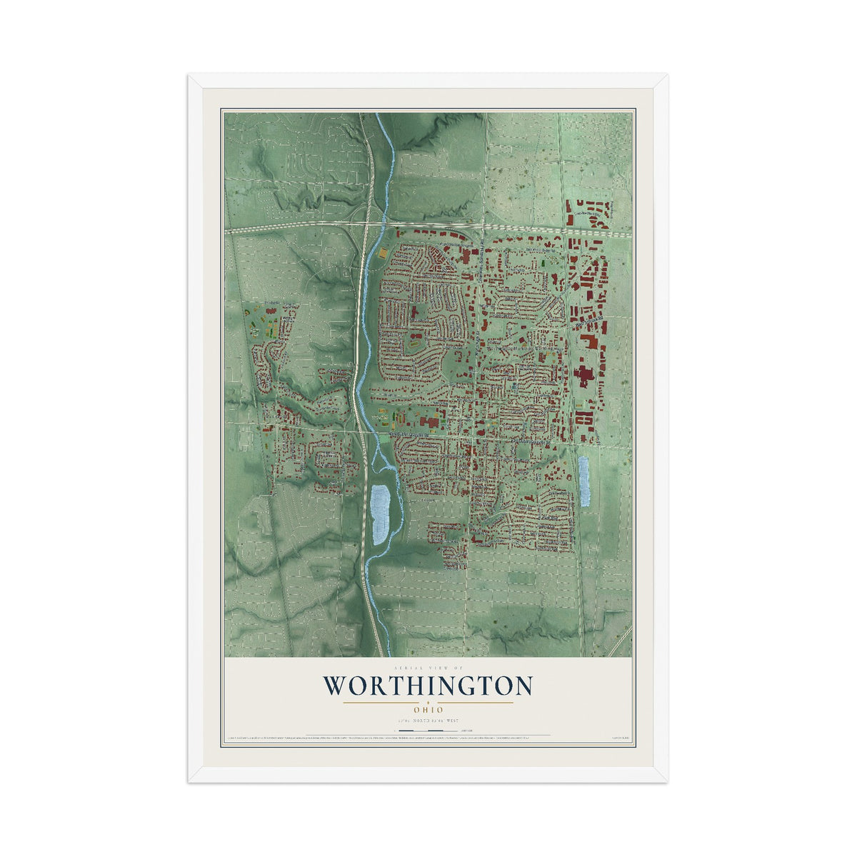 Map of Worthington, Ohio, 12 x 18 inch print in a white wood frame