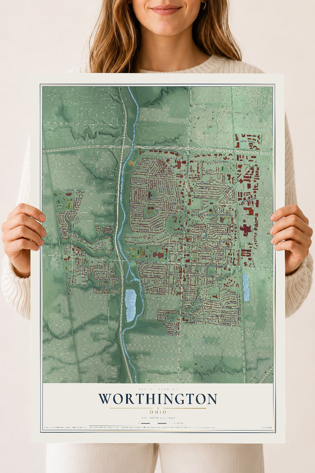 Map of Worthington, Ohio, 18 x 24 inch unframed archival matte print