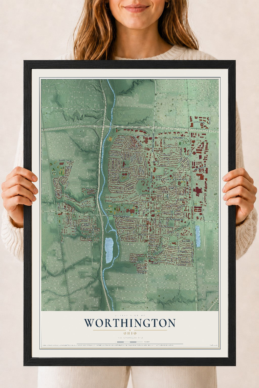 Map of Worthington, Ohio, 18 x 24 inch print in a black wood frame