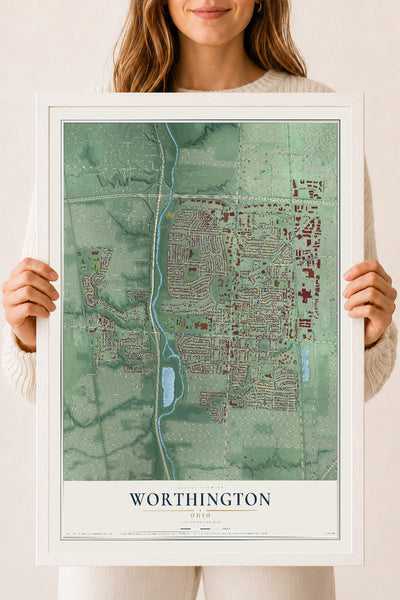 Map of Worthington, Ohio, 18 x 24 inch print in a white wood frame