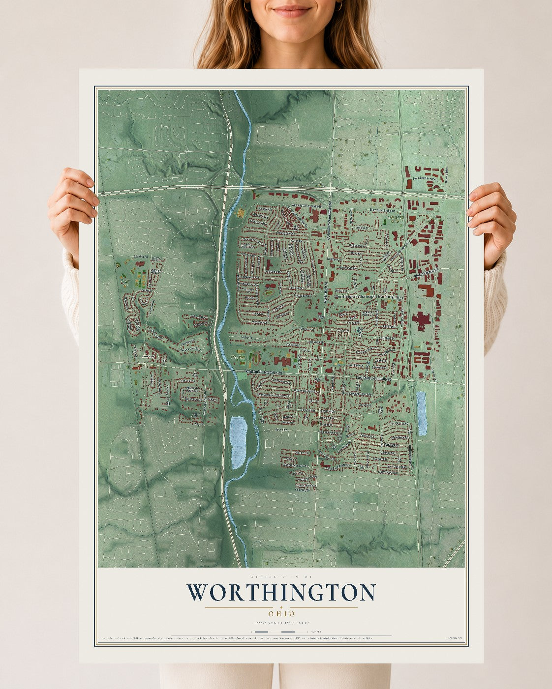 Map of Worthington, Ohio, 24 x 36 inch unframed archival matte print