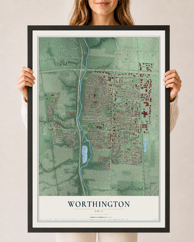 Map of Worthington, Ohio, 24 x 36 inch print in a black wood frame