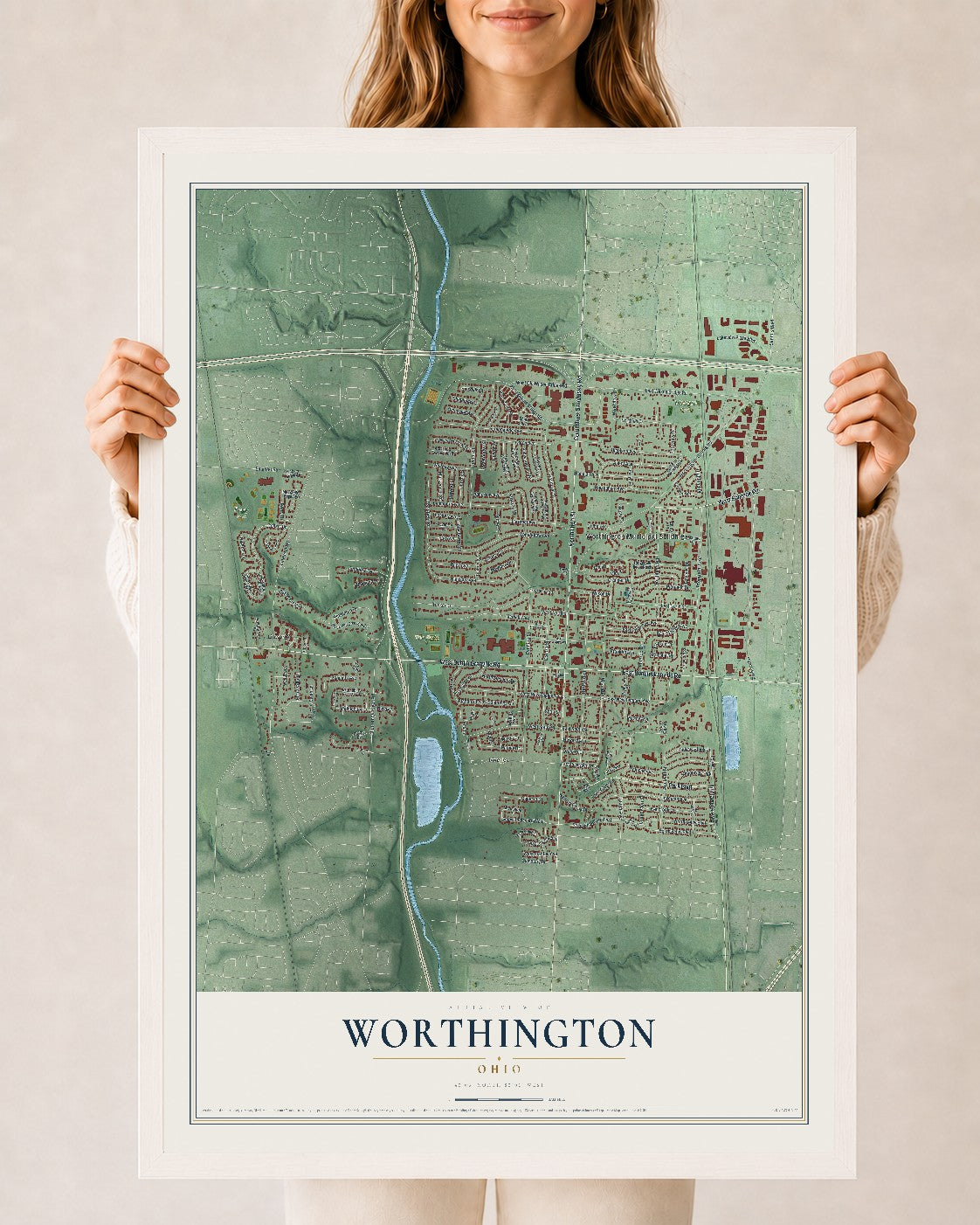 Map of Worthington, Ohio, 24 x 36 inch print in a white wood frame