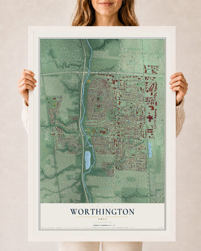 Map of Worthington, Ohio, 24 x 36 inch print in a white wood frame