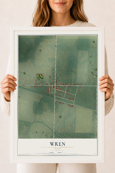 Map of Wren, Ohio, 18 x 24 inch print in a white wood frame