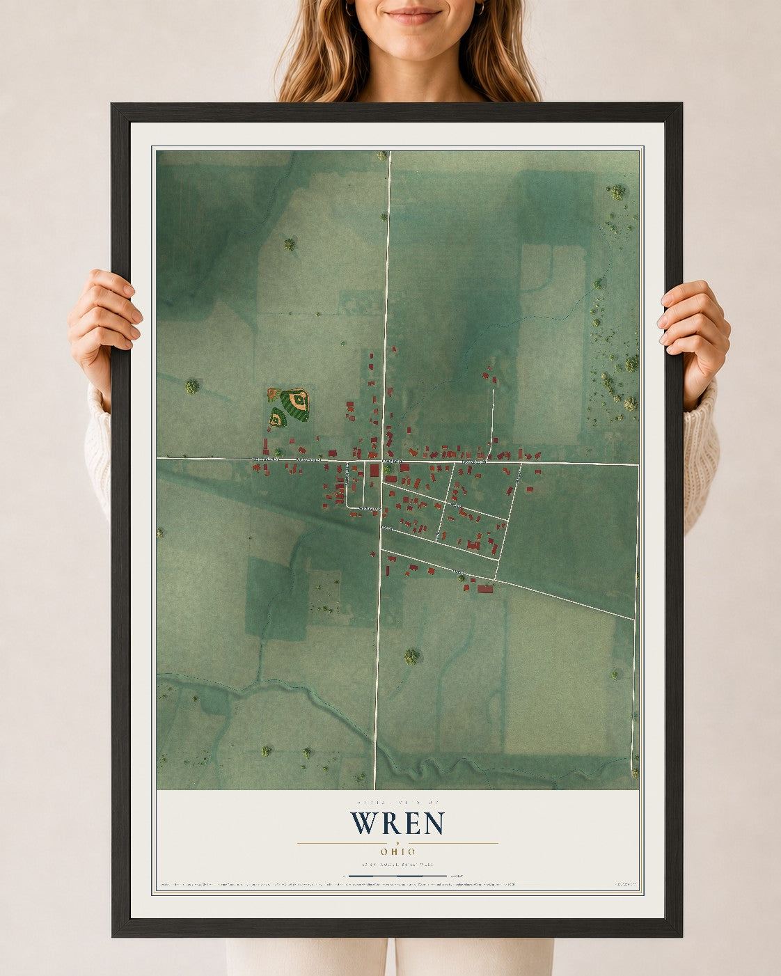 Map of Wren, Ohio, 24 x 36 inch print in a black wood frame