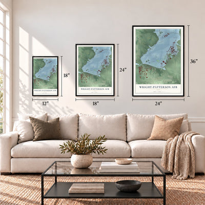 Wright-Patterson AFB, Ohio map in 12 x 18, 18 x 24 and 24 x 36 inch sizes above a sofa