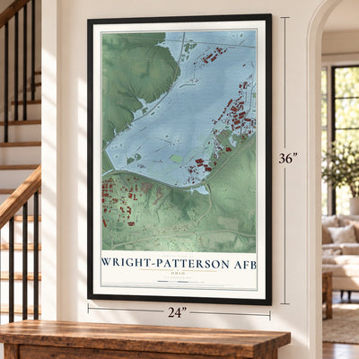 Wright-Patterson AFB, Ohio map, 24 x 36 inch print in a black frame by a staircase