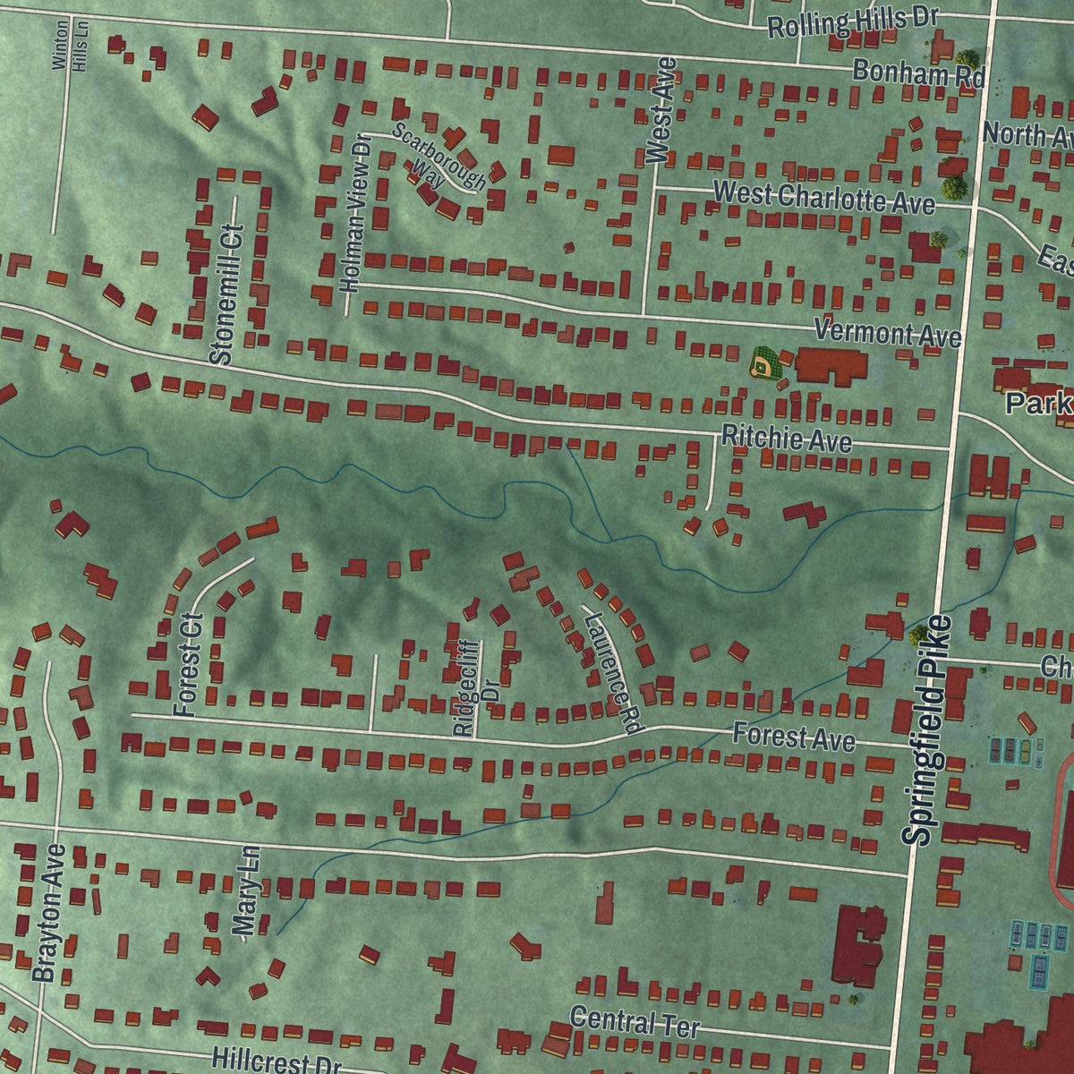 Second close-up of the map of Wyoming, Ohio print showing more streets and buildings