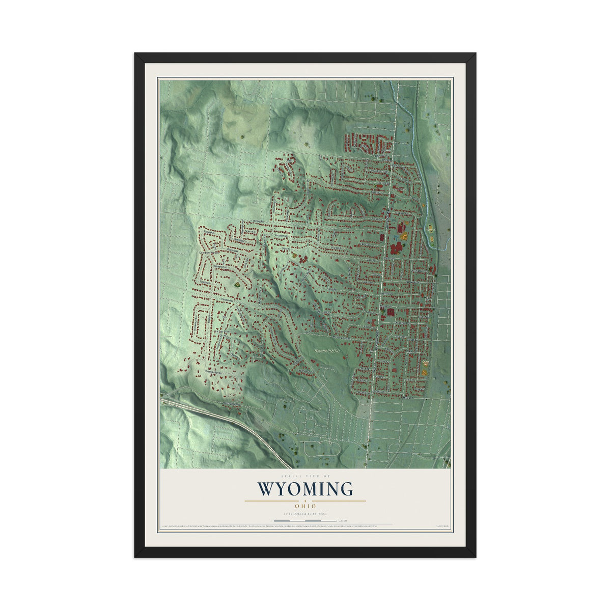 Map of Wyoming, Ohio, 12 x 18 inch print in a black wood frame