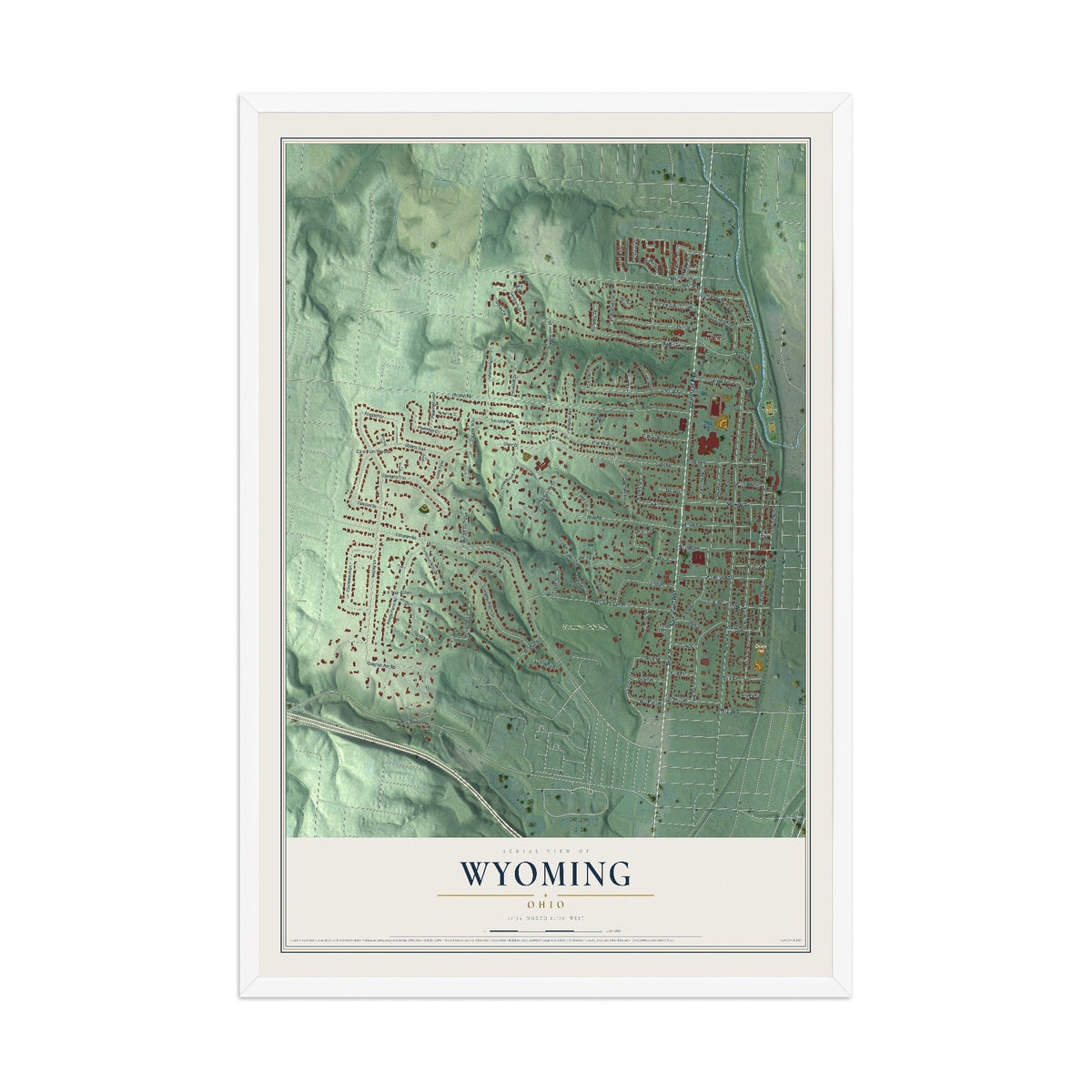 Map of Wyoming, Ohio, 12 x 18 inch print in a white wood frame
