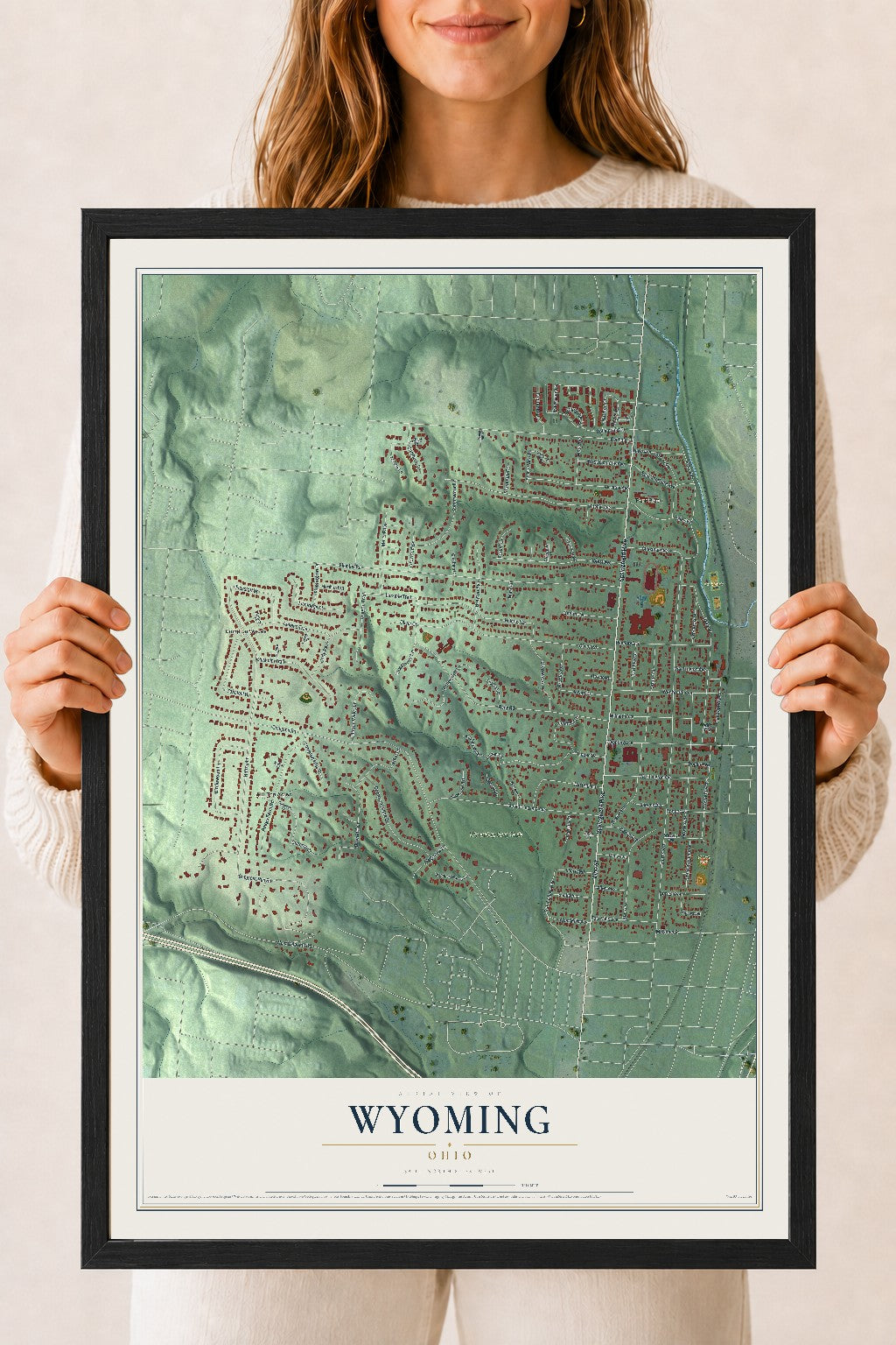 Map of Wyoming, Ohio, 18 x 24 inch print in a black wood frame