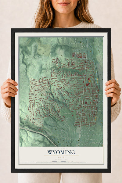 Map of Wyoming, Ohio, 18 x 24 inch print in a black wood frame