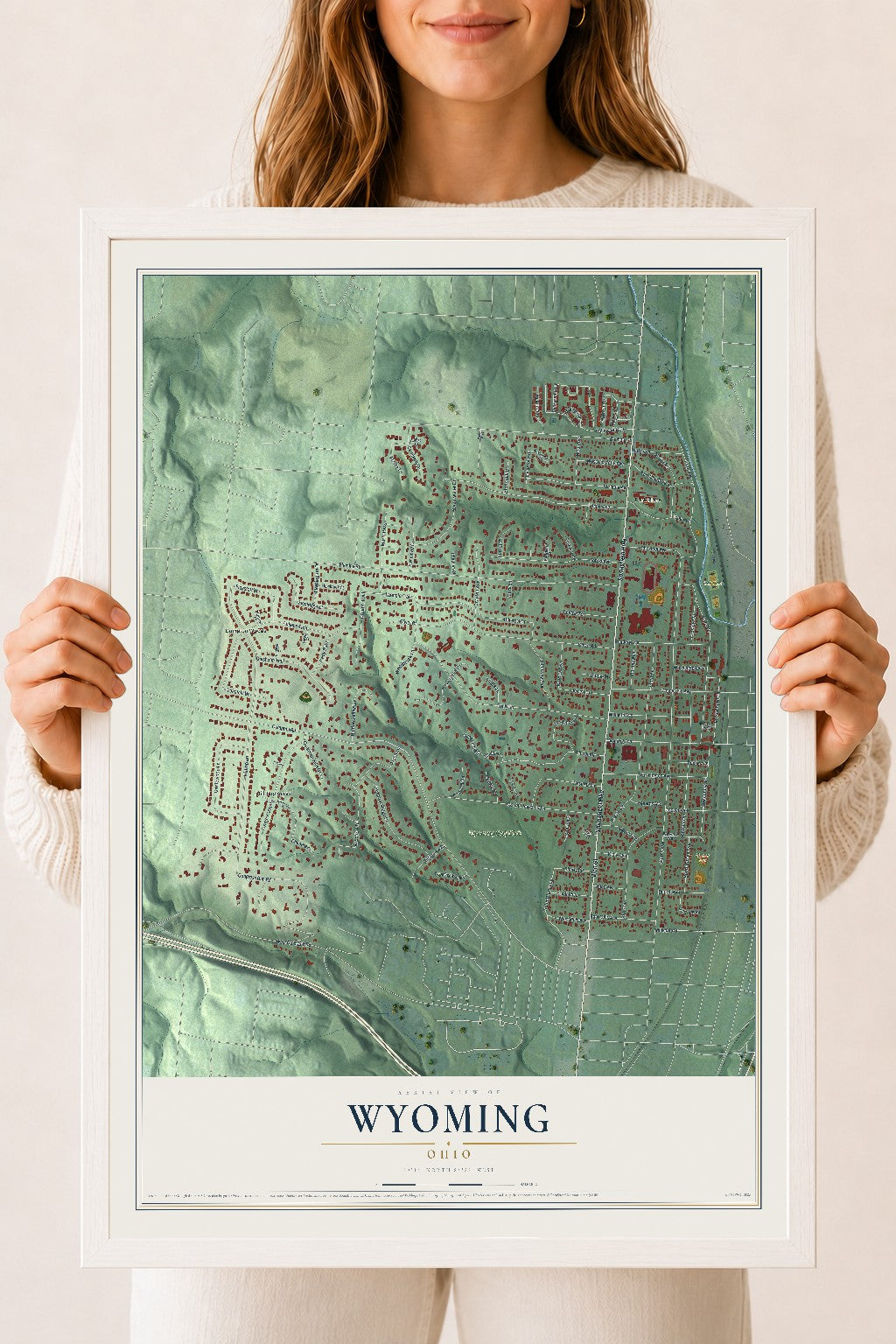 Map of Wyoming, Ohio, 18 x 24 inch print in a white wood frame