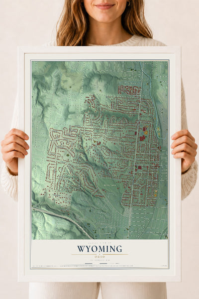 Map of Wyoming, Ohio, 18 x 24 inch print in a white wood frame