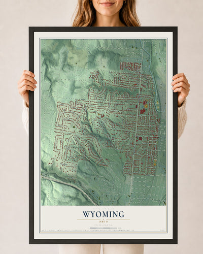 Map of Wyoming, Ohio, 24 x 36 inch print in a black wood frame
