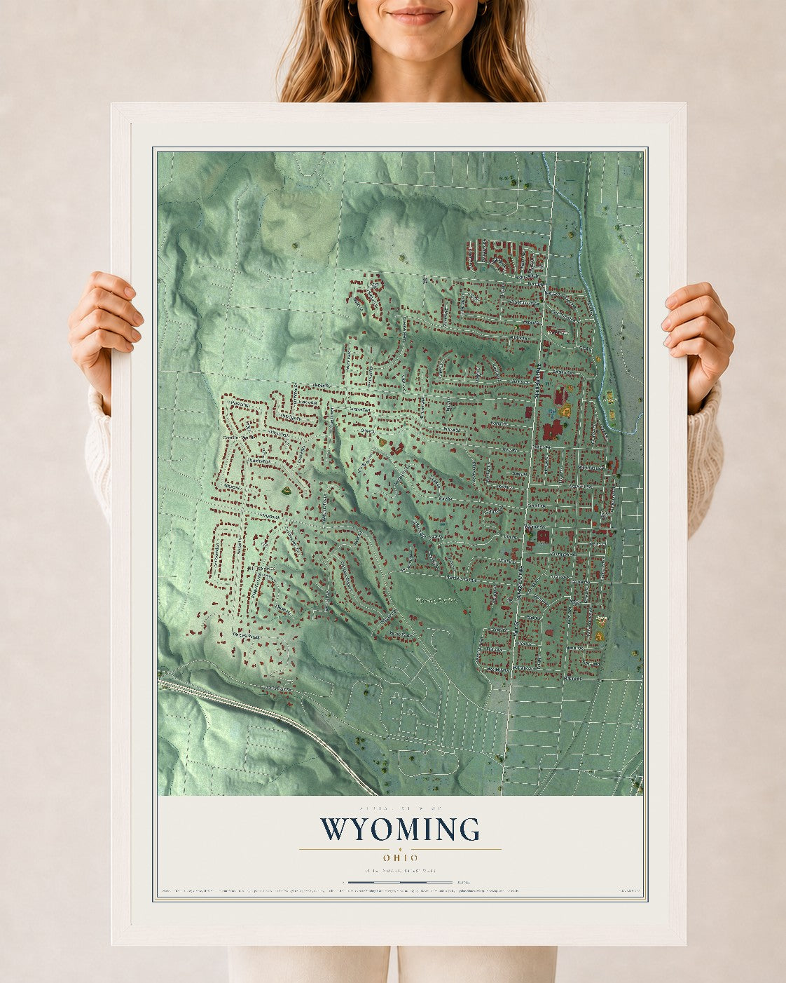 Map of Wyoming, Ohio, 24 x 36 inch print in a white wood frame