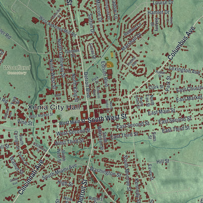 Second close-up of the map of Xenia, Ohio print showing more streets and buildings