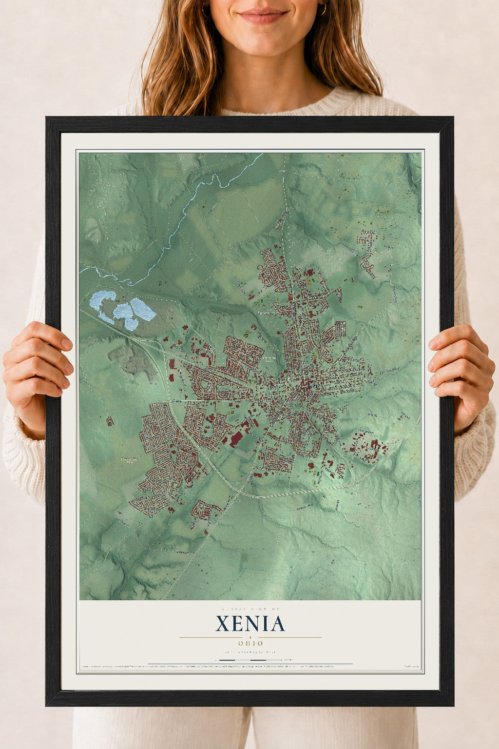 Map of Xenia, Ohio, 18 x 24 inch print in a black wood frame