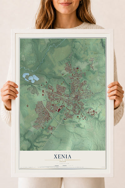 Map of Xenia, Ohio, 18 x 24 inch print in a white wood frame