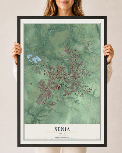 Map of Xenia, Ohio, 24 x 36 inch print in a black wood frame
