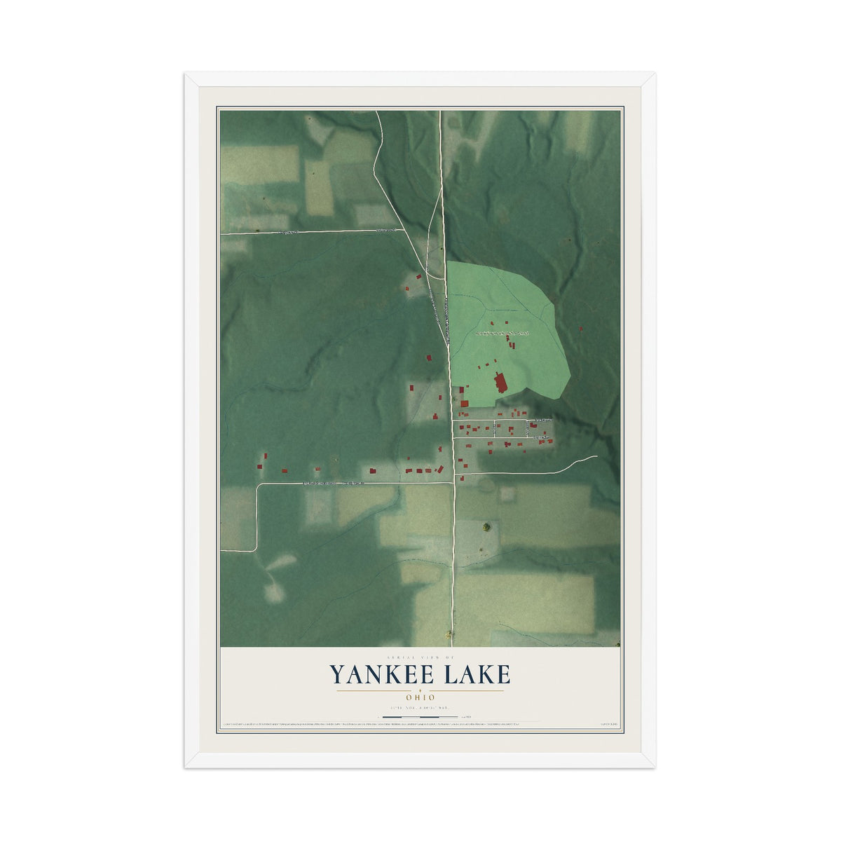 Map of Yankee Lake, Ohio, 12 x 18 inch print in a white wood frame