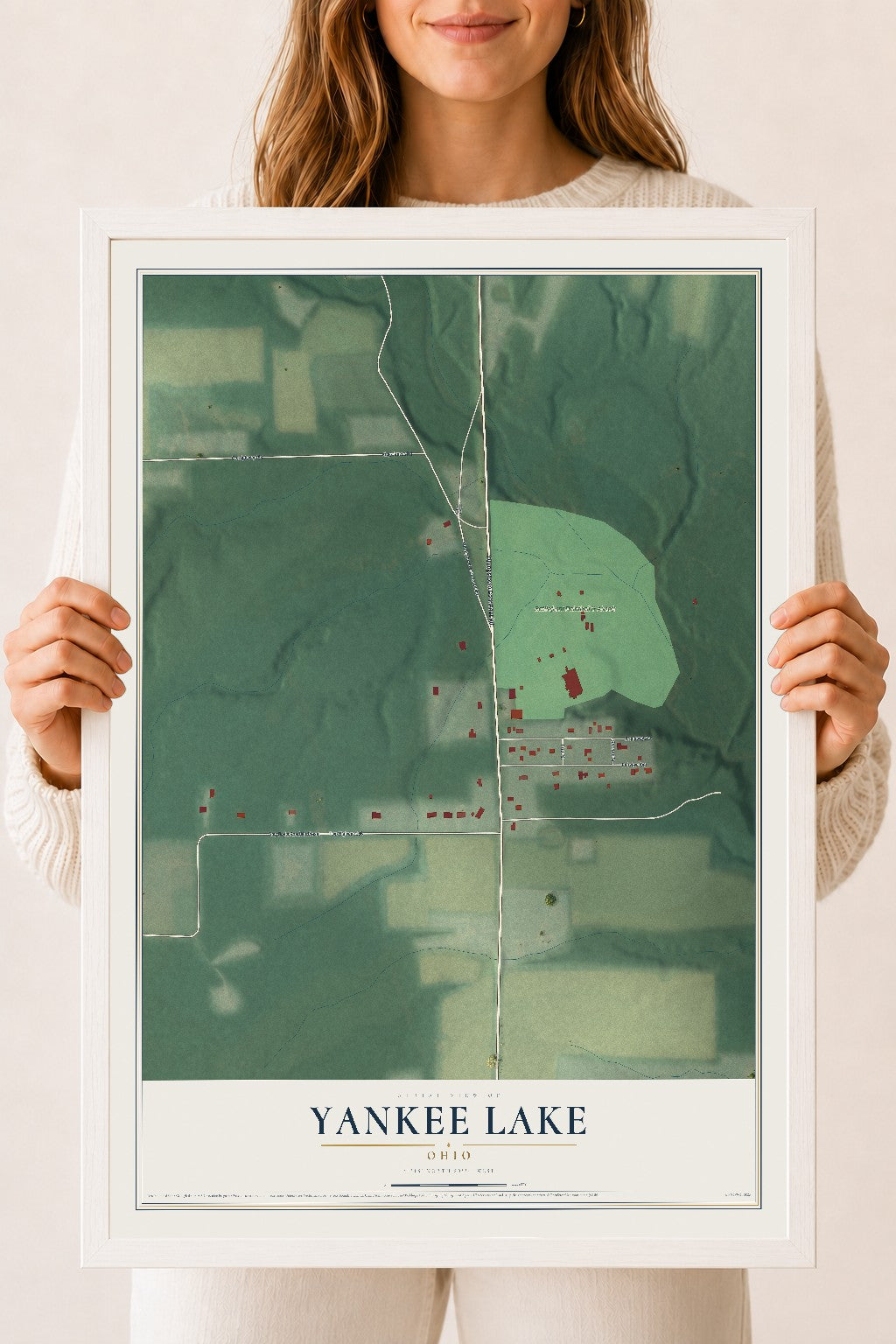 Map of Yankee Lake, Ohio, 18 x 24 inch print in a white wood frame