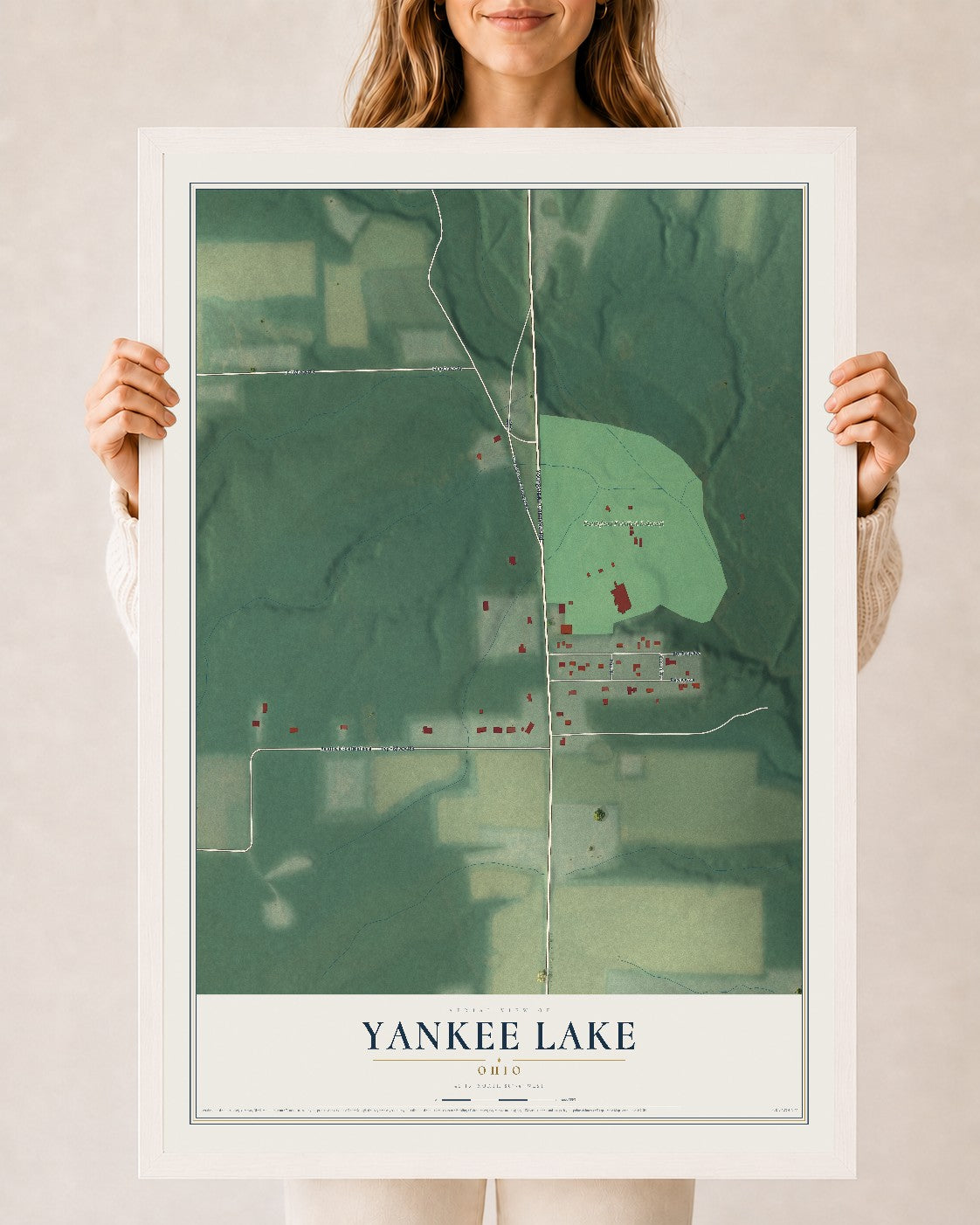 Map of Yankee Lake, Ohio, 24 x 36 inch print in a white wood frame