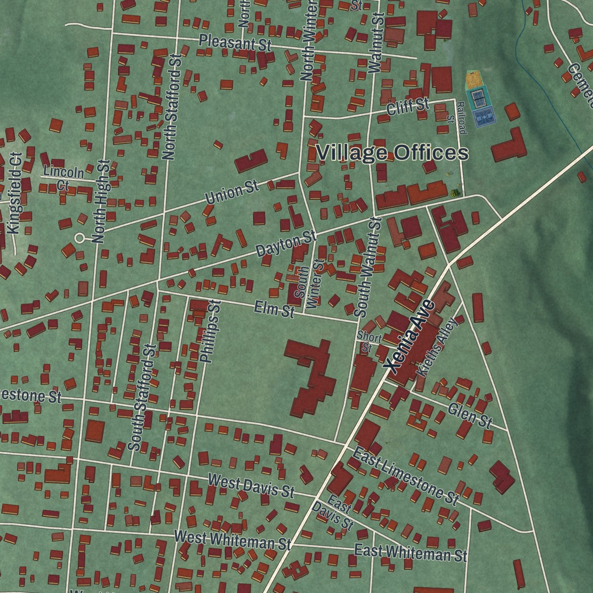 Close-up of the map of Yellow Springs, Ohio print showing street and building detail