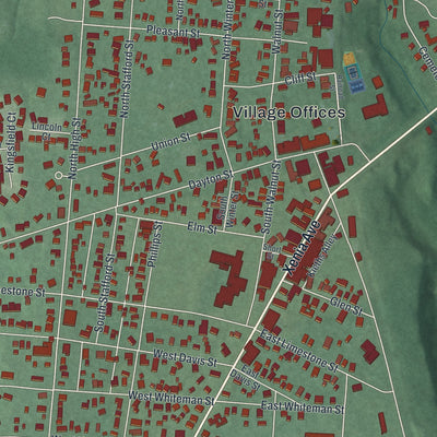 Close-up of the map of Yellow Springs, Ohio print showing street and building detail