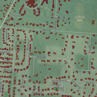 Second close-up of the map of Yellow Springs, Ohio print showing more streets and buildings